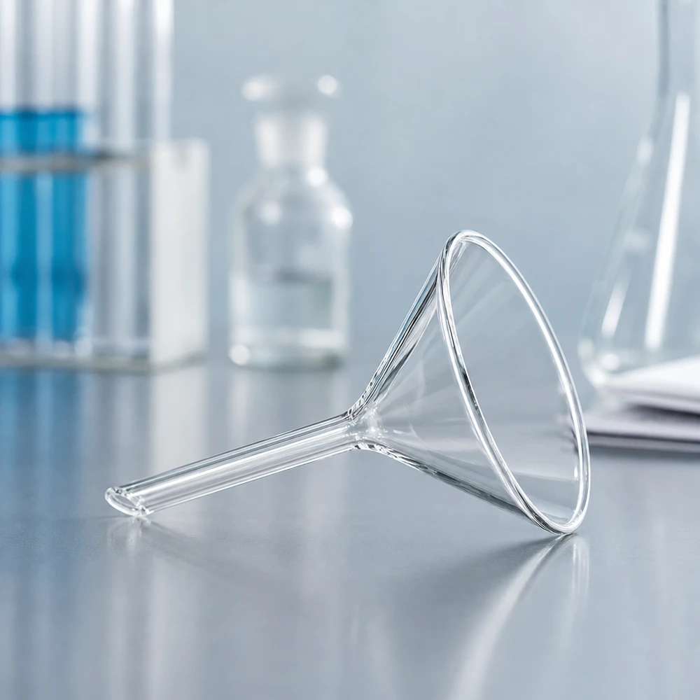 Imbuto Ø 60mm calce sodata, angolo 60°, stile corto Imbuto da laboratorio trasparente in robusto vetro soda-lime, dal design compatto per una facile manipolazione.