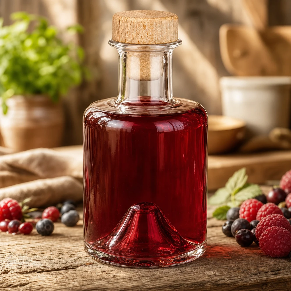 Flacone farmaceutico da 200 ml Sofia con tappo in sughero con impugnatura in legno UNiTWIST® Bottiglia in vetro di Sofia da 200 ml con tappo in legno riempita di liquore ai frutti di bosco insieme a lamponi e mirtilli in un ambiente di cucina rustico