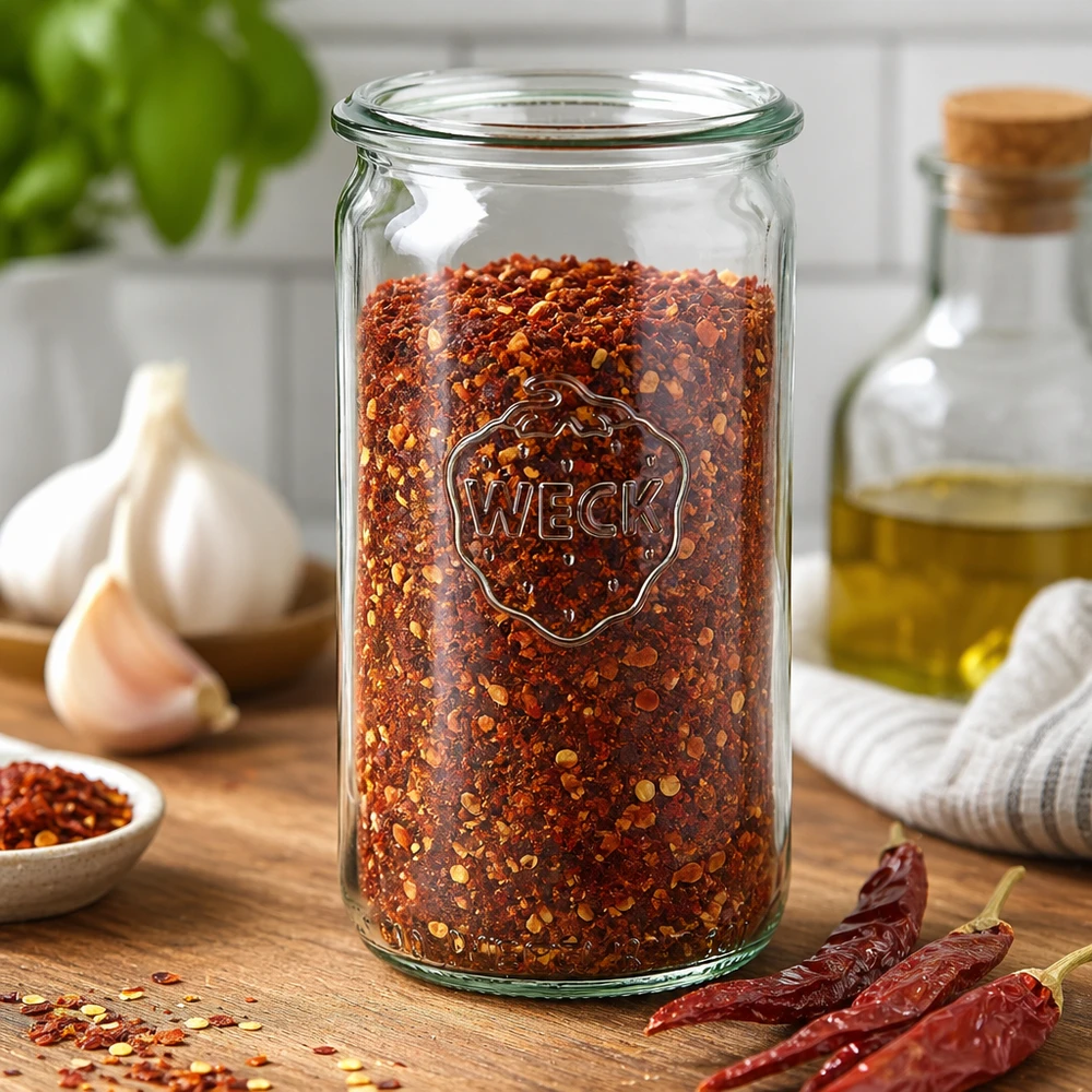 Vaso cilindrico WECK da 340 ml RR60 riempito di fiocchi di peperoncino su un tavolo di legno con aglio e peperoncini secchi