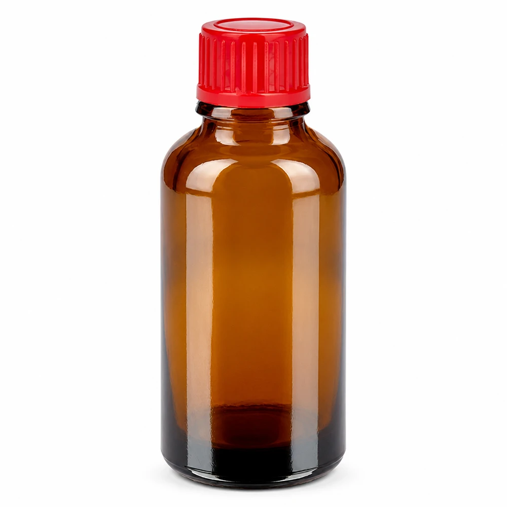 Bottiglia da 30ml 11mm SV rosso STD BrownLine UT18/30 Bottiglia compatta da 30 ml in vetro ambrato con tappo a vite rosso brillante per uso in laboratorio e nella pratica