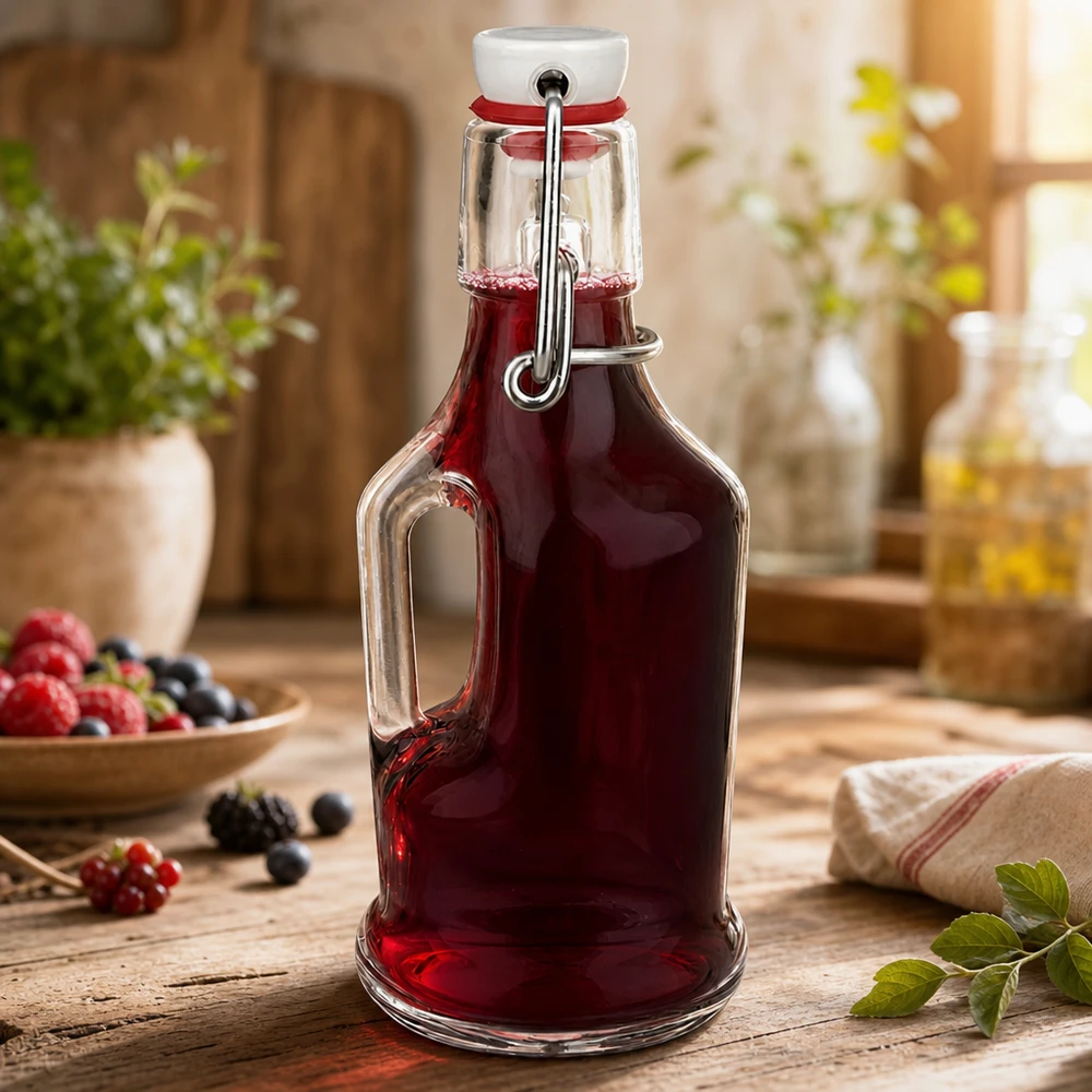Bottiglia di vetro Bertha 200ml riempita di succo di bacche rosse, tappo chiuso, cucina rustica con frutti di bosco
