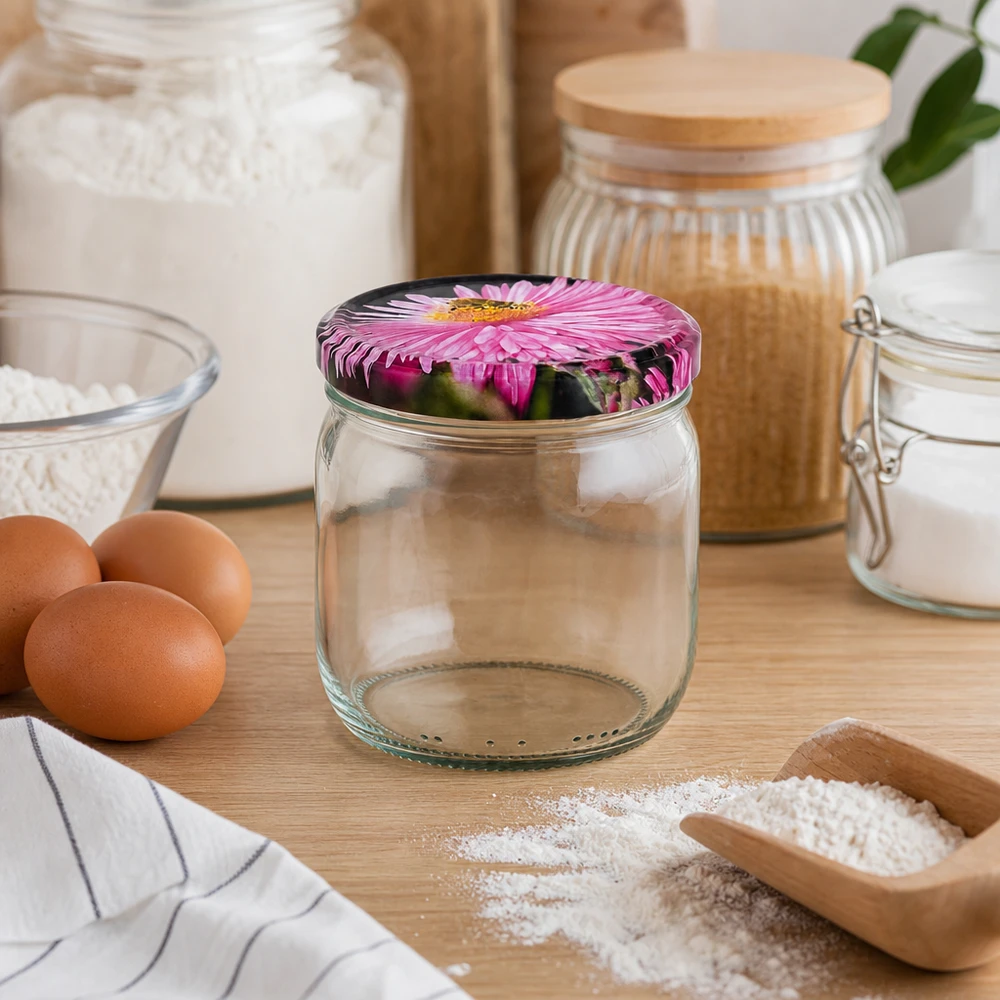 Barattolo di vetro rotondo da 425 ml vuoto con coperchio a fiore rosa in una scena di cucina con uova, farina e ingredienti da forno su un piano di lavoro in legno