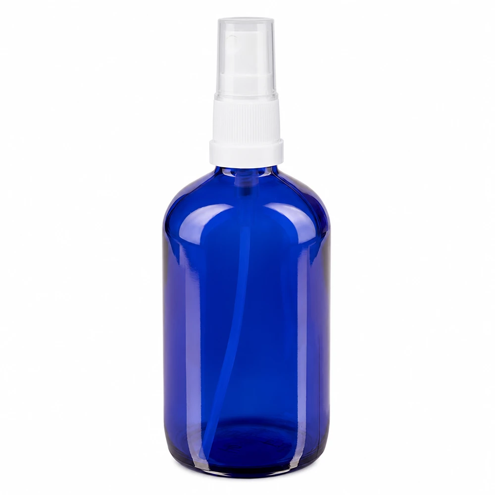 Flacone spray blu 100ml STD bianco/trasp. apoGlas Flacone spray in vetro blu da 100 ml con nebulizzatore bianco, in vetro da farmacia, per uso cosmetico e farmaceutico
