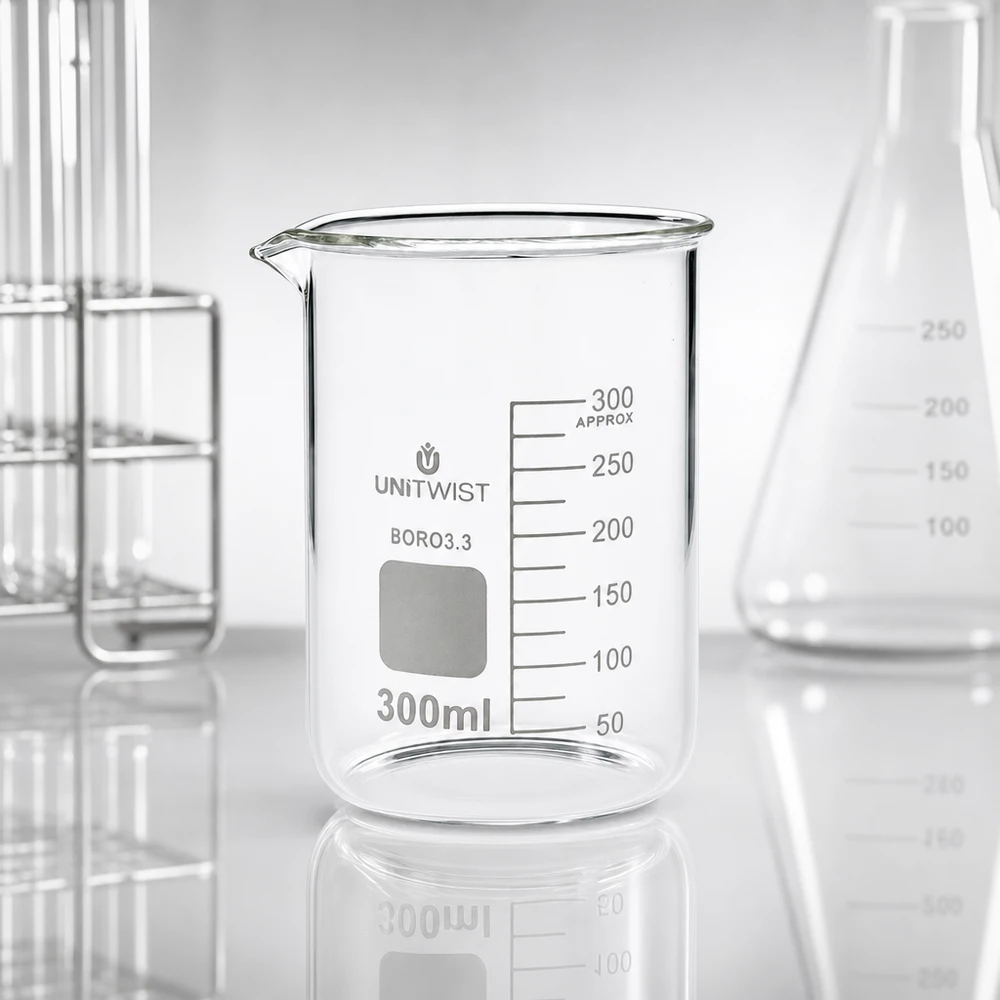 Bicchiere da laboratorio UNiTWIST da 300 ml in borosilicato, forma bassa, con scala in millilitri, accanto a un matraccio di Erlenmeyer
