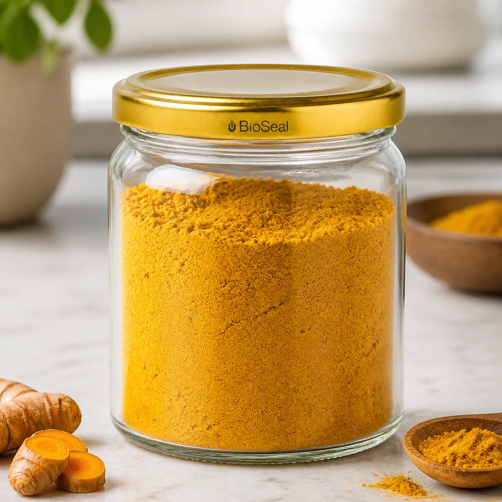 UNiTWIST Runda408 con coperchio dorato. Coperchio TO82 BioSeal UNiTWIS Runda408 barattolo con coperchio dorato TO82 riempito di polvere di curcuma accanto a radici di curcuma fresche