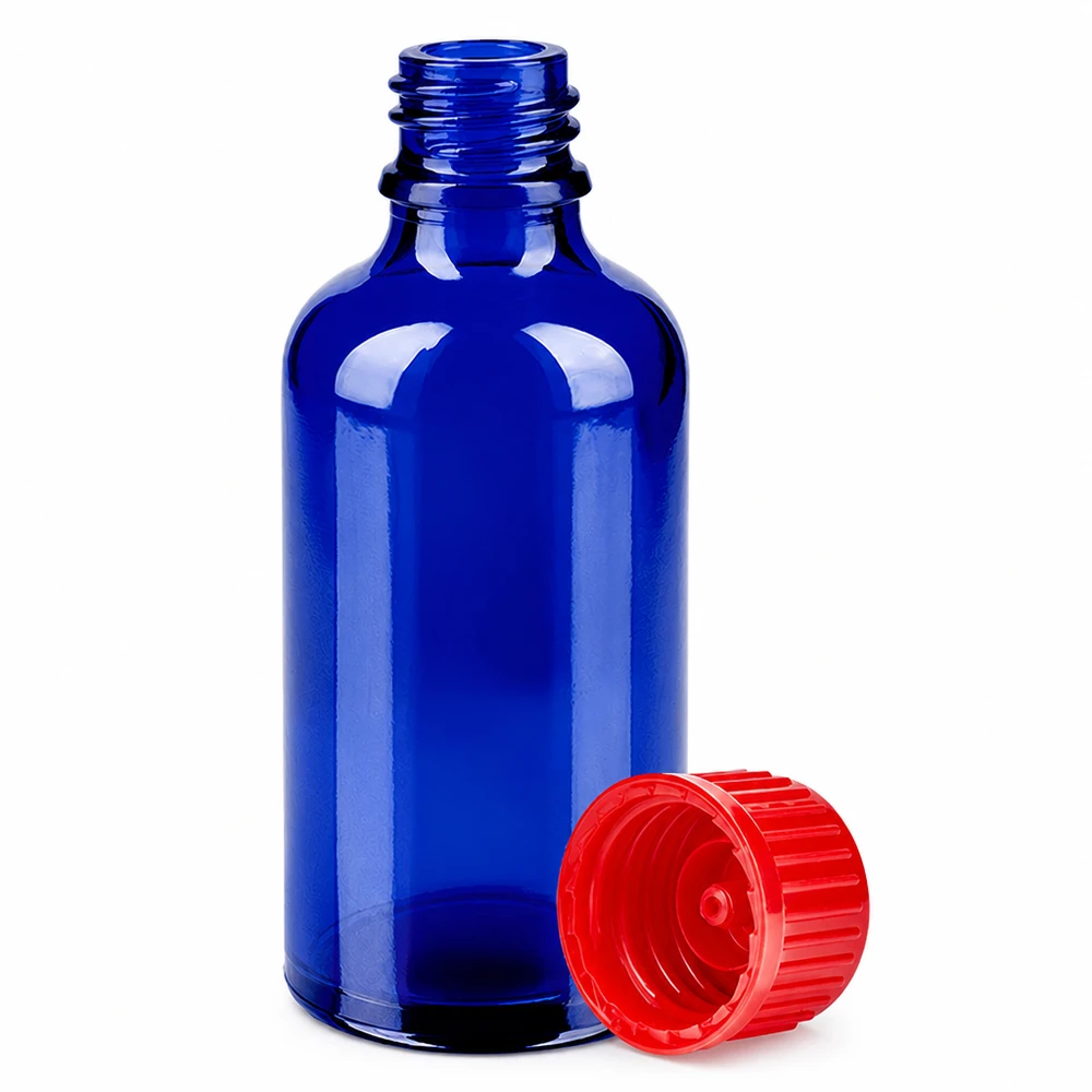 Flacone da 50ml 11mm SV rosso STD BlueLine UT18/50 Pratico flacone da 50 ml con collo stretto e tappo in plastica rossa per l'applicazione goccia a goccia