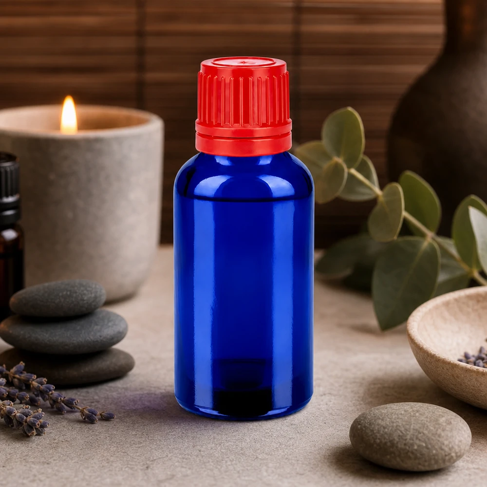 Bottiglia da 30ml 11mm SV rosso OV BlueLine UT18/30 Flacone ergonomico in vetro da 30 ml con tappo a vite rosso antiscivolo per una manipolazione sicura