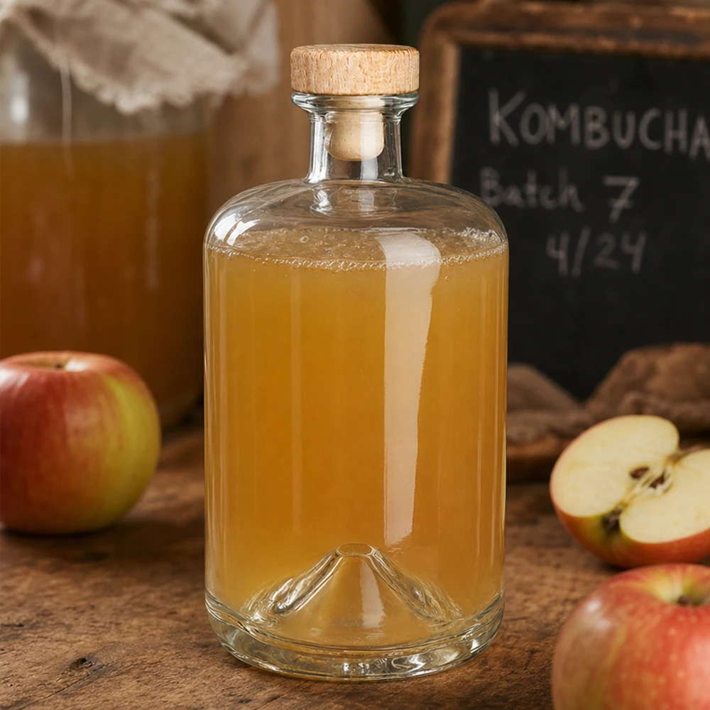 Bottiglia in vetro Sofia da 700 ml con tappo in legno riempita di succo di mela accanto a mele fresche e bar Kombucha