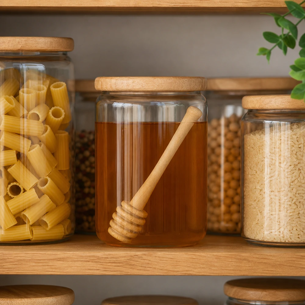 Il cucchiaio da miele in legno d'acero, riposto in un barattolo tra pasta e riso, dimostra la versatilità dell'organizzazione in cucina.