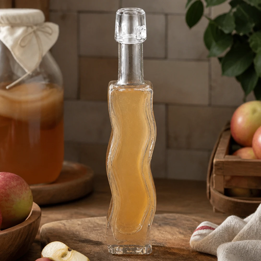 Flacone in vetro da 40 ml Fila senza tappo UNiTWIST® bottiglia di vetro da 40 ml Anna riempita di aceto di sidro di mele cucina rustica tavola di legno mele fresche ingredienti naturali vinaigrette