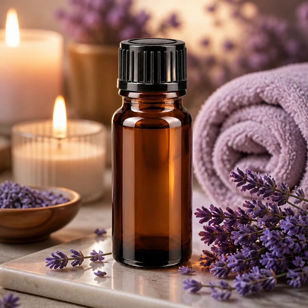 Flacone contagocce marrone da 10ml STD nero/1mm ApoGlas Flacone contagocce in vetro ambrato da 10 ml con tappo dosatore nero, tra fiori di lavanda e candele