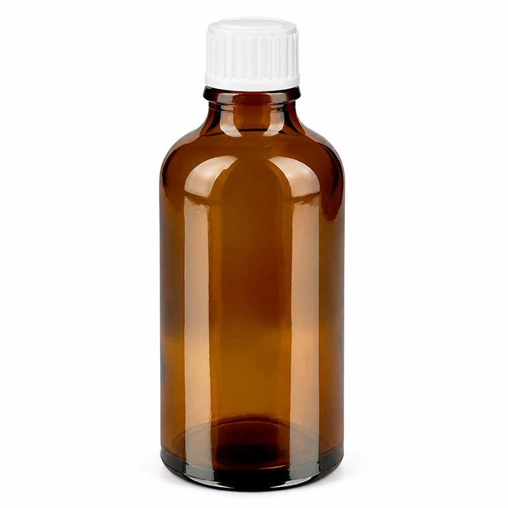 Flacone contagocce marrone da 50 ml in vetro da farmacia con tappo a vite bianco e foro contagocce da 0,9 mm
