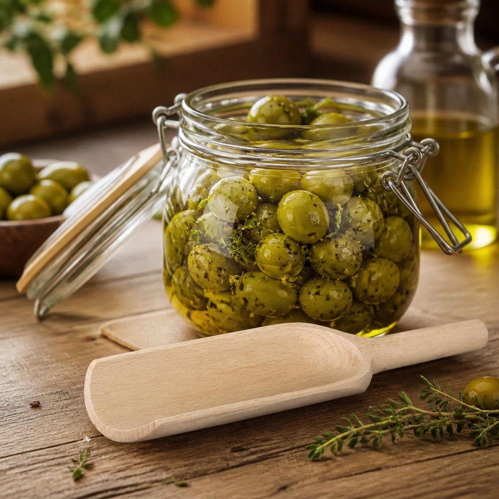 Paletta di legno L 18cm piatta accanto a barattolo per conserve con olive marinate erbe e olio d'oliva scenario cucina mediterranea
