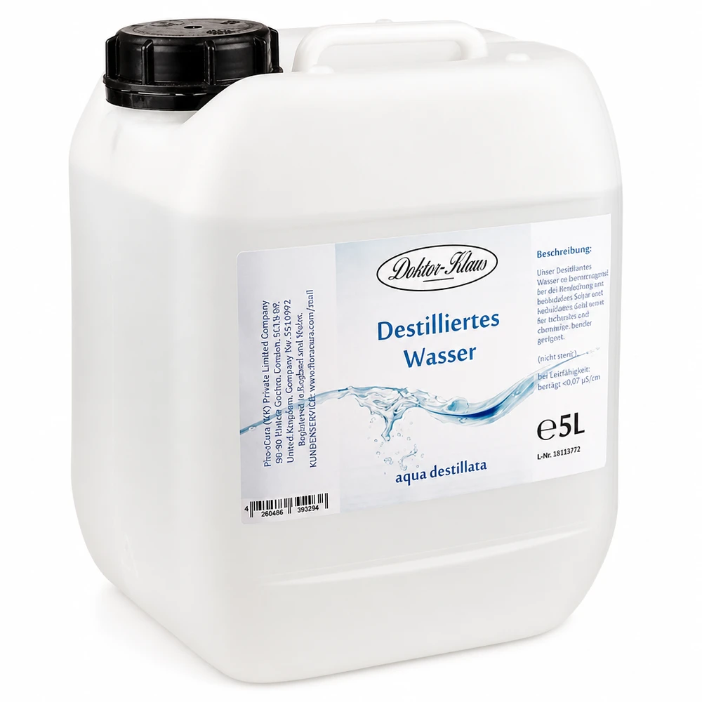 Acqua distillata 5L Doktor-Klaus 5 litri di acqua distillata Doctor Claus in tanica di plastica bianca con tappo nero a vite