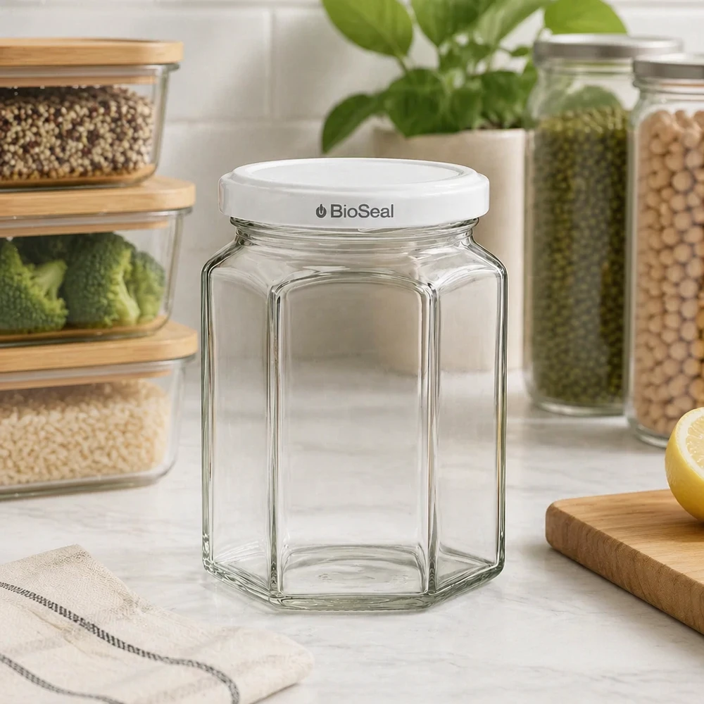 UNiTWIST Hexa288 con coperchio bianco TO63 BioSeal UNiTWIST Hexa288 vaso di vetro vuoto con coperchio bianco TO63 BioSeal in una cucina moderna tra i contenitori di stoccaggio