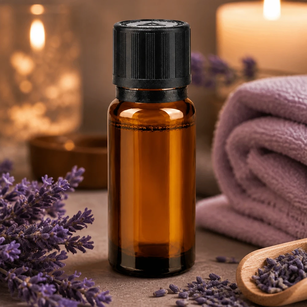 Piccola boccetta di vetro ambrato da 10 ml con tappo a vite nero, circondata da fiori di lavanda e candele