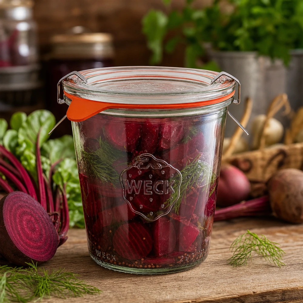 Bicchieri alti da 290 ml completi WECK RR80 Barattolo da conserva WECK da 290 ml RR80 riempito con fettine di barbabietola sottaceto e aneto fresco in stile cucina rustica