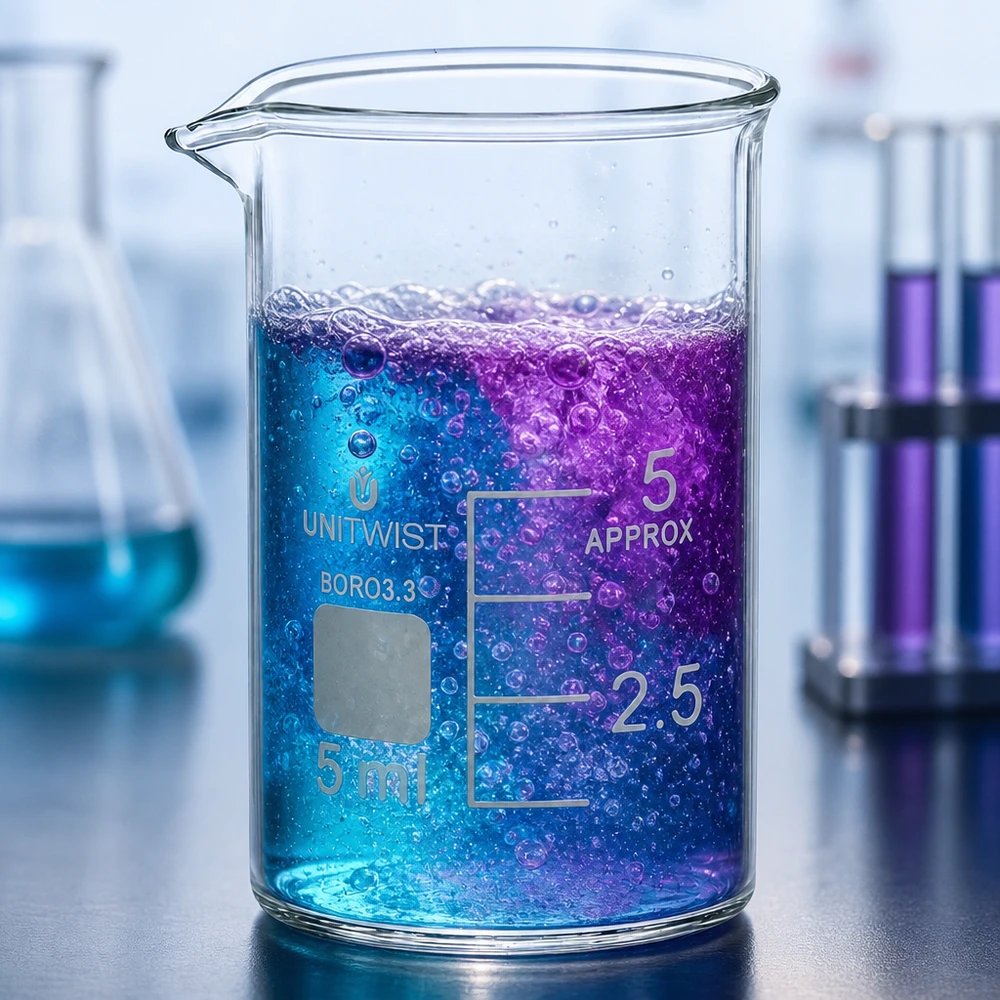 Provetta da 5 ml di forma bassa con reazione blu-viola e formazione di bolle in ambiente di laboratorio