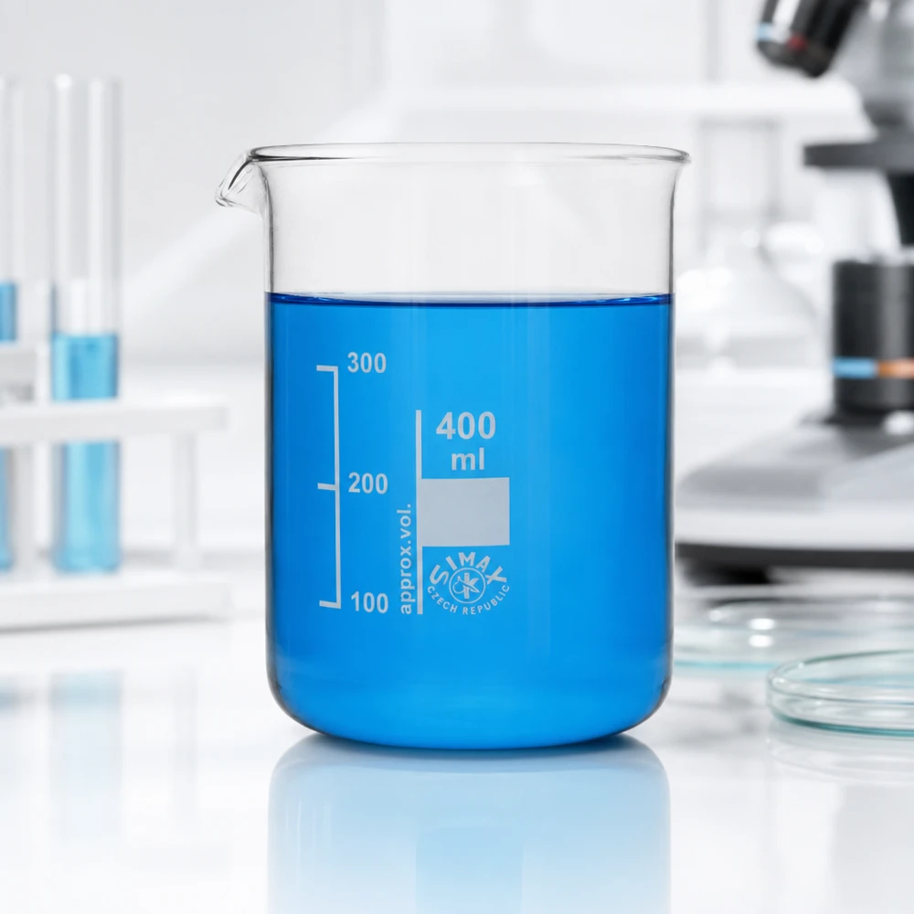 Bicchiere 400ml in vetro borosilicato, forma bassa Bicchiere robusto in vetro borosilicato da 400 ml con graduazione chiara per esperimenti chimici