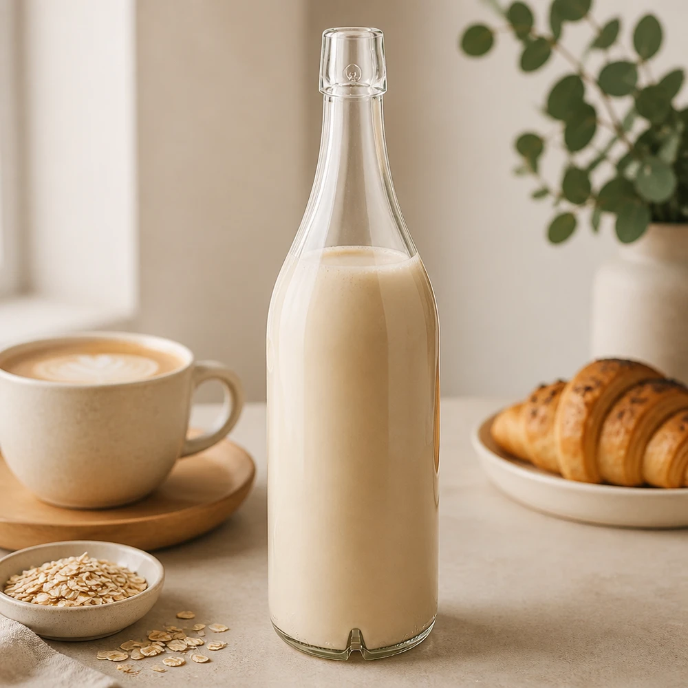 Bottiglia in vetro da 1000 ml senza tappo UNiTWIST Bottiglia di vetro 1000ml UNiTWIST riempita di latte d'avena colazione da tavola croissant caffè luce cucina verdura