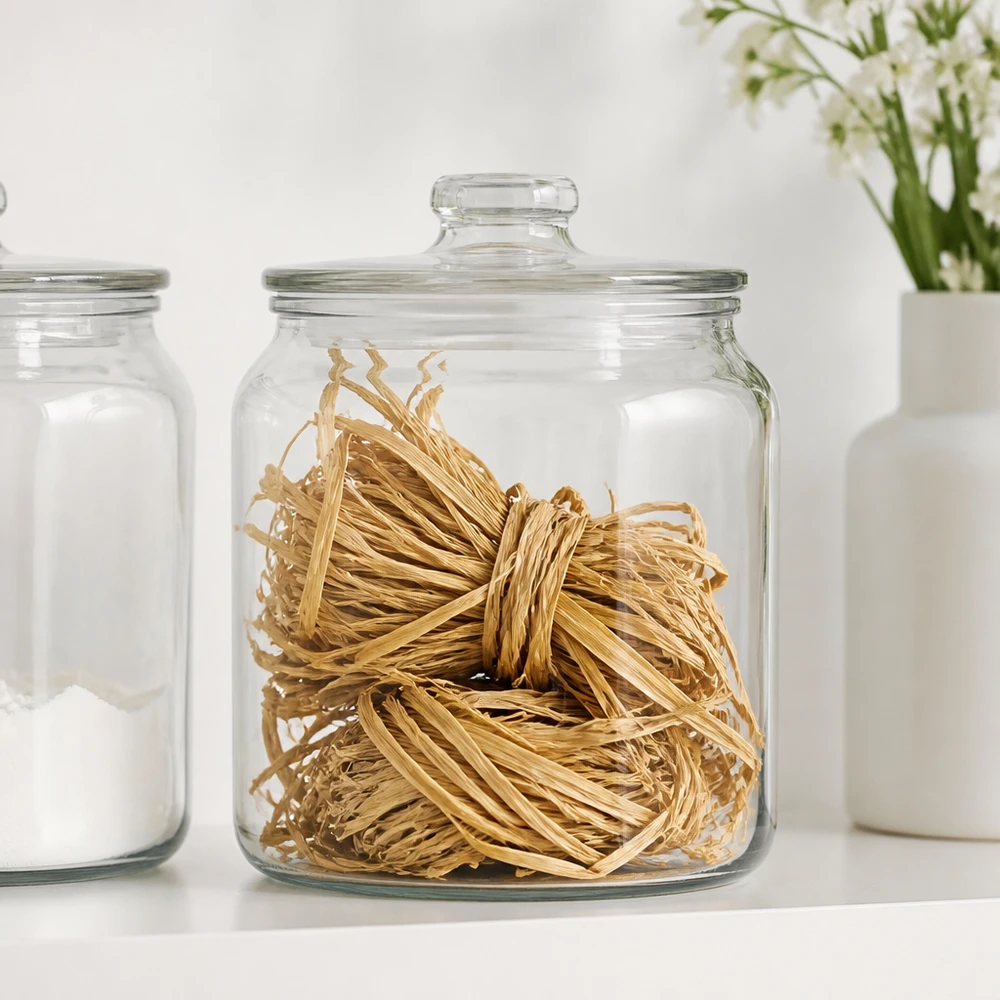Fibra naturale per decorazioni, 30 g Rafia naturale da 30 g in barattolo di vetro con coperchio, conservata accanto a barattoli bianchi per un'organizzazione ordinata dei materiali artigianali.