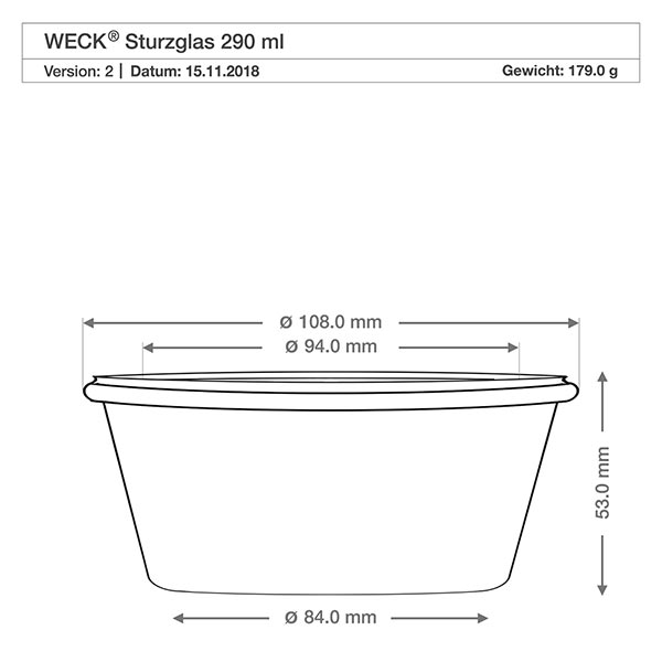 Bicchieri bassi da 290 ml con coperchio in vetro WECK RR100 Disegno tecnico dei tumbler WECK 290ml RR100 con dimensioni: diametro 108 mm, altezza 53 mm, peso 179 g.