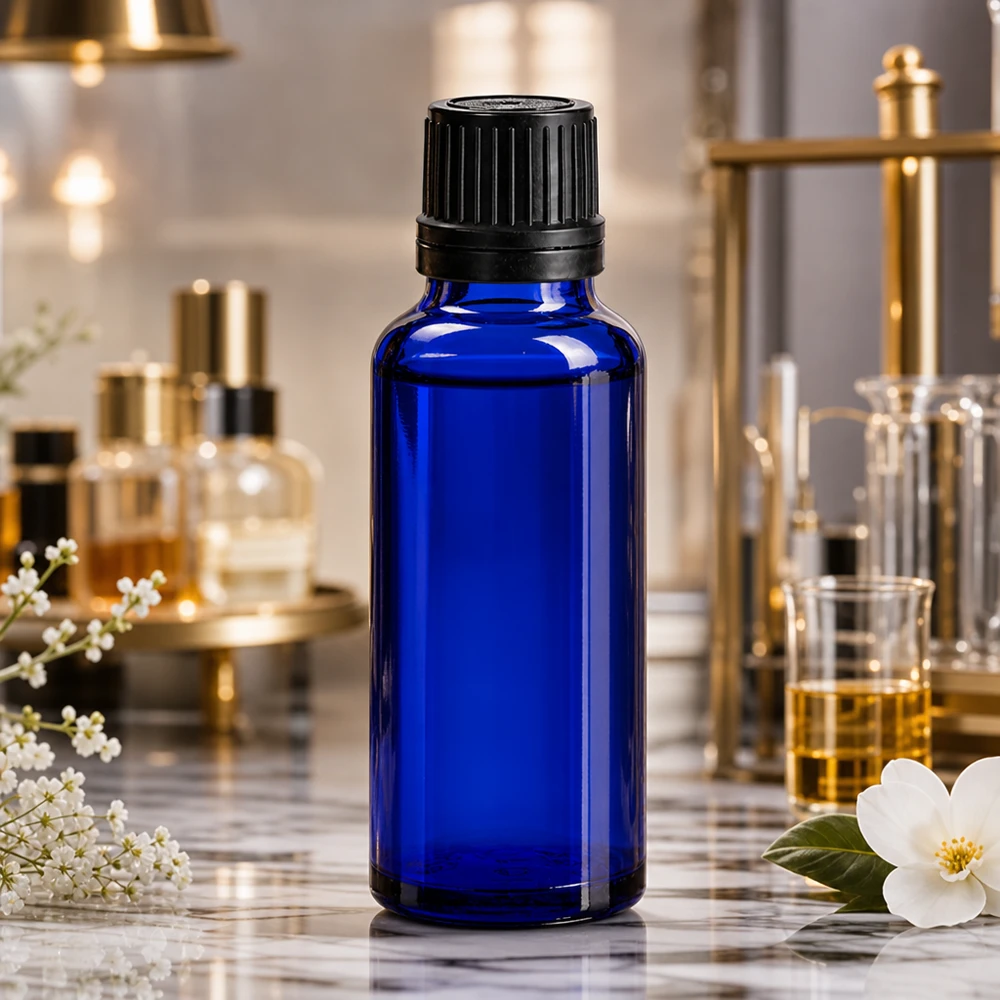 Flacone da farmacia da 30 ml blu cobalto con tappo OV nero su superficie marmorizzata in laboratorio