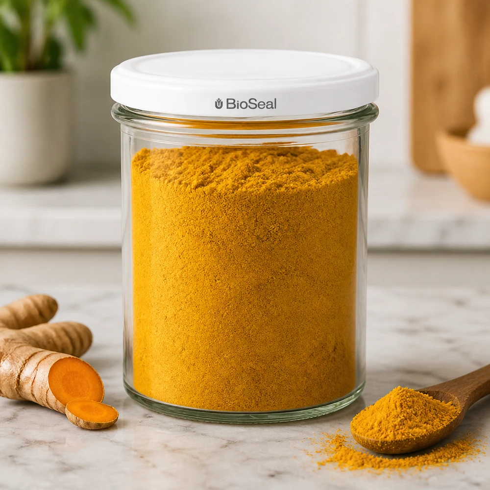 UNiTWIST Lintel350 con coperchio bianco TO82 BioSeal Il barattolo UNiTWIST Sturz350 riempito di polvere di curcuma dimostra la conservazione ermetica delle spezie grazie al coperchio TO82 BioSeal