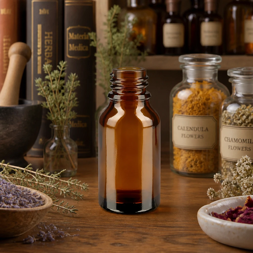 Bottiglia da farmacia marrone 30ml forma alta ApoGlas farmacia erboristeria piante medicinali essiccate camomilla lavanda libri