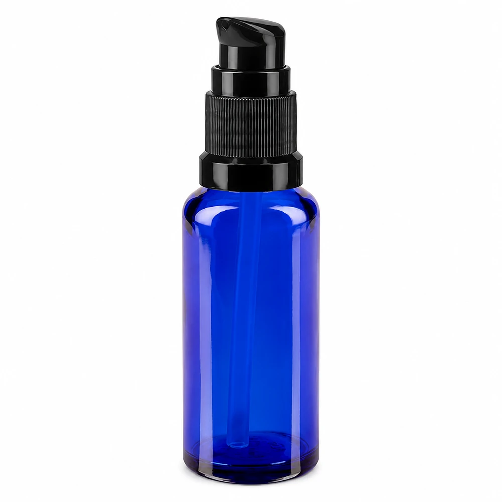 Flacone in vetro blu da 30 ml con dosatore nero per farmacie e cosmetici