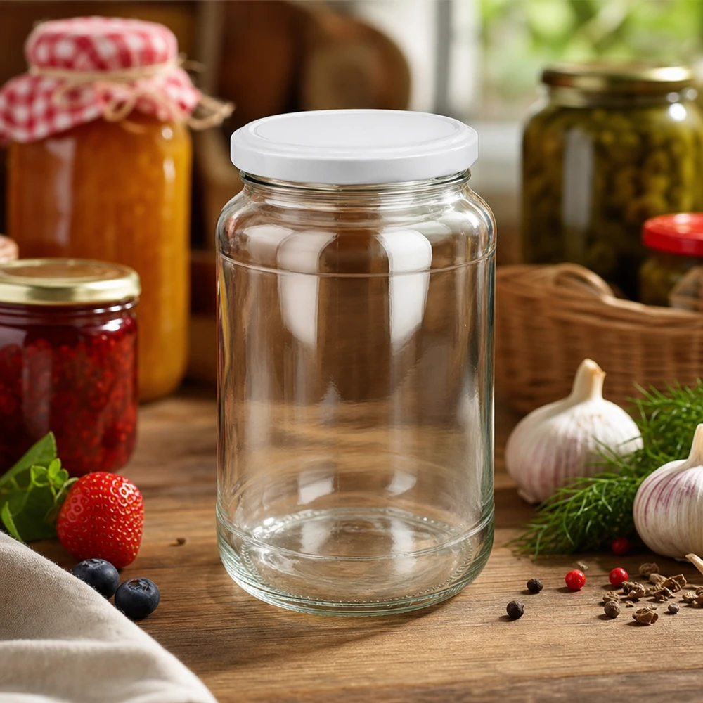 Barattolo rotondo da 1700 ml con coperchio BasicSeal bianco UN.. Barattolo rotondo da 1700 ml vuoto con coperchio BasicSeal bianco in cucina tra barattoli di marmellata e ingredienti freschi