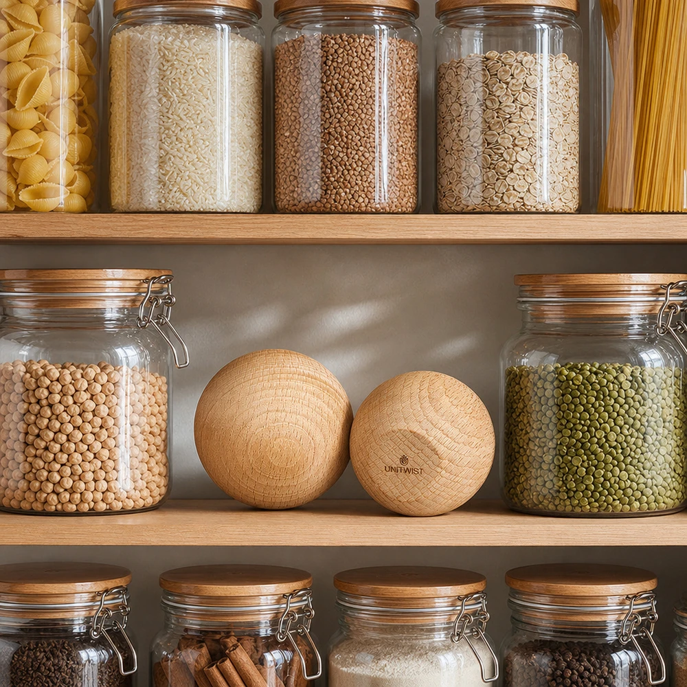 UNiTWIST palla in legno di faggio WECK RR60 in cucina organizzata con barattoli per conserve legumi cereali pasta