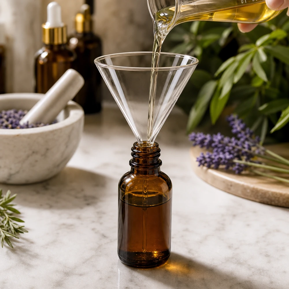 Imbuto Ø 85mm in borosilicato angolo 60 corto Imbuto di precisione in vetro borosilicato da 85 mm per applicazioni di aromaterapia e produzione di cosmetici