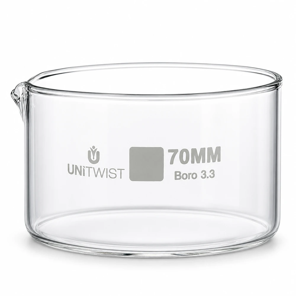Ciotola di cristallizzazione da 70 mm in vetro borosilicato 3.3 UNiTWIST, trasparente, cilindrica, con beccuccio
