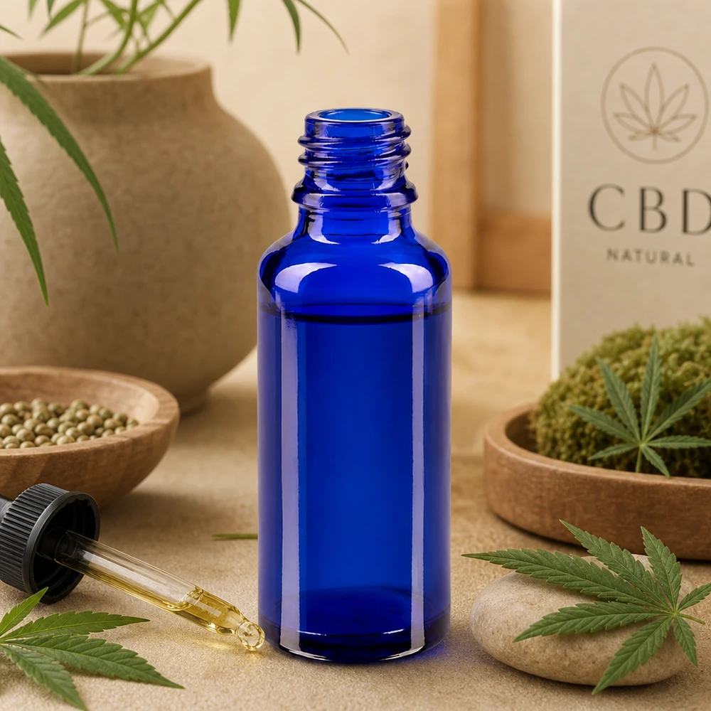 Flacone da farmacia blu ApoGlas da 30 ml con contagocce per olio al CBD, in un ambiente naturale con foglie di canapa