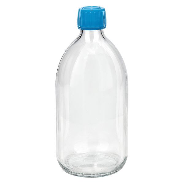 Flacone per medicinali da 500 ml trasparente, tappo blu con chiusura antimanomissione Flacone per medicinali da 500 ml trasparente, tappo blu con chiusura antimanomissione