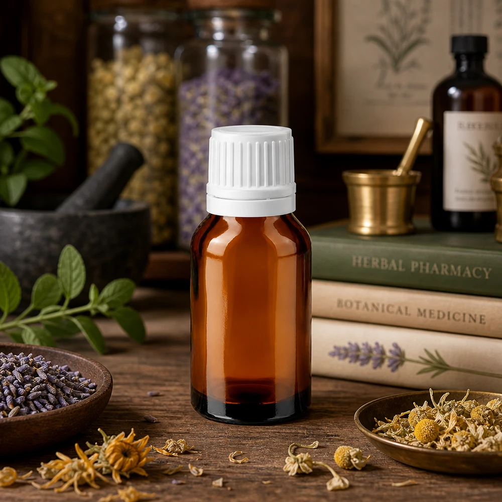 Flacone da farmacia marrone da 30 ml con tappo a vite bianco, tra libri di erboristeria e fiori secchi
