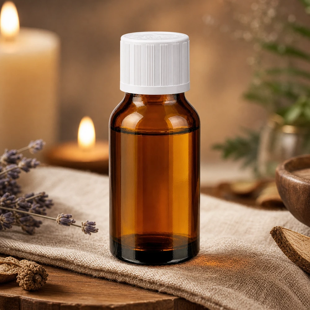 Piccola bottiglietta di vetro marrone da 30 ml con tappo a vite bianco, appoggiata su un panno di lino decorato con erbe aromatiche