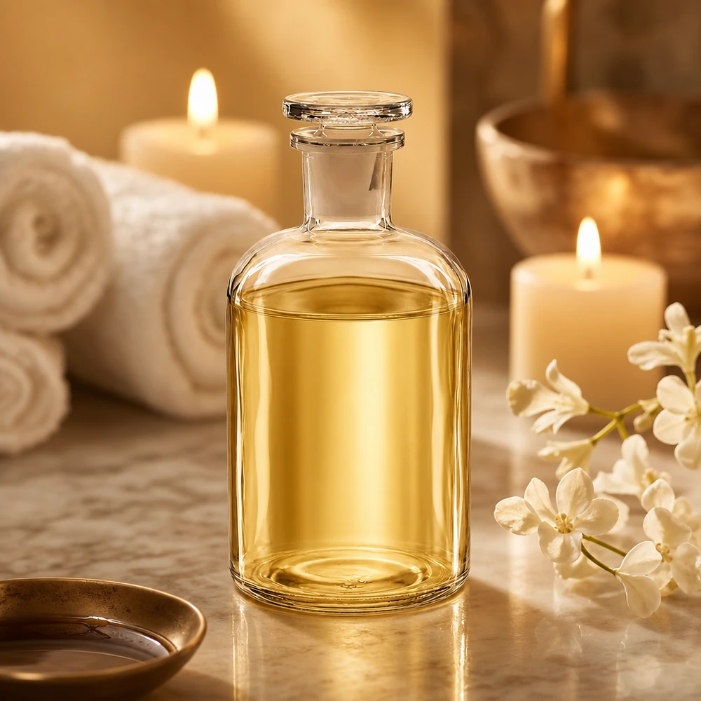 Bottiglia a spalla tonda 500ml trasparente a collo stretto in vetro con tappo Bottiglia di vetro trasparente a collo stretto da 500 ml con tappo, piena di olio dorato in un ambiente da spa