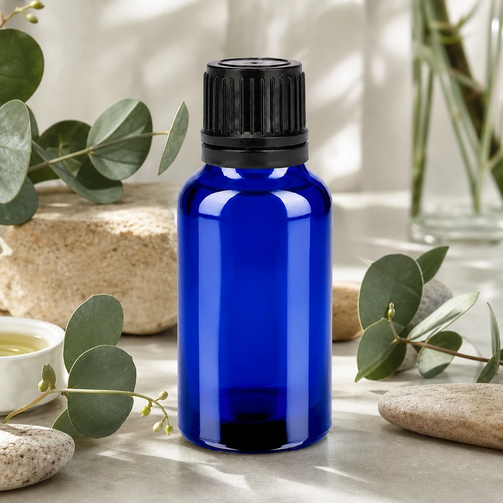 Bottiglia da 20ml 11mm SV nero OV BlueLine UT18/20 Piccola bottiglia di vetro blu da 20 ml con tappo nero, perfetta per cosmetici e sieri fai da te