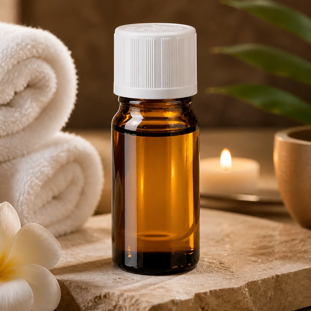 Fialetta di vetro marrone da 5 ml con tappo di sicurezza per bambini bianco, appoggiata su una pietra naturale con fiori e una candela