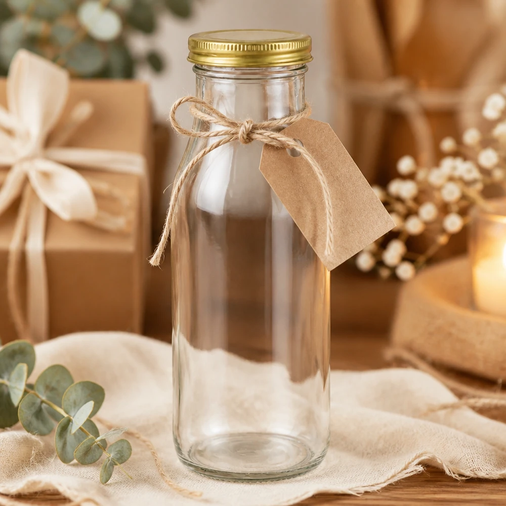 UNiTWIST Bottiglia263 con oro. Coperchio TO43 BioSeal UNiTWIST Bottle263 als Geschenkidee mit Bastband und Etikett in festlicher Dekoration mit goldenen TO43 BioSeal Deckel