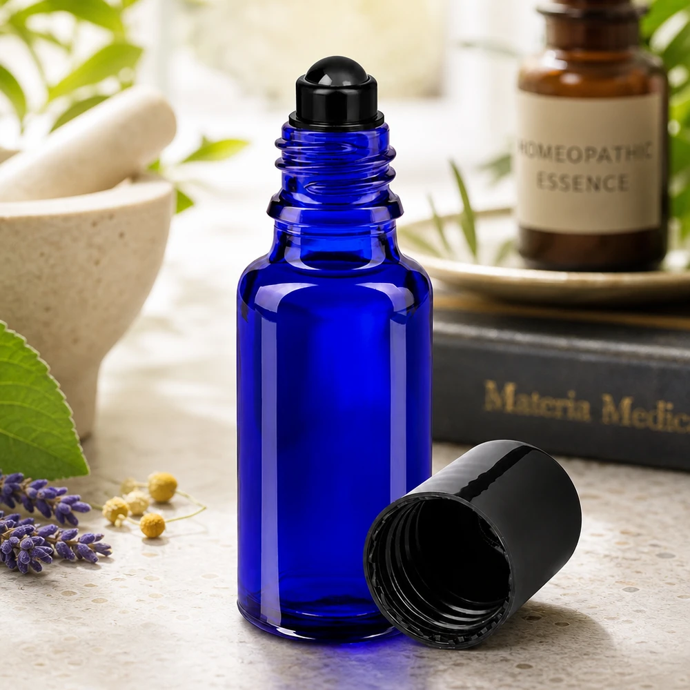 Flacone roll-on 20ml blu STD nero ApoGlas Flacone in vetro da 20 ml blu cobalto con roll-on nero per oli essenziali