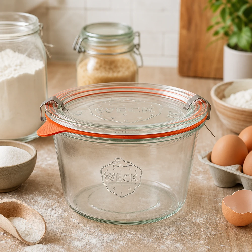 WECK 370ml RR100 vaso da mason vuoto sul piano di lavoro della cucina tra gli ingredienti da cuocere mostra l'uso versatile nella panificazione