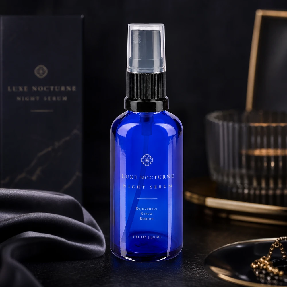 Flacone spray in vetro blu da 30 ml con erogatore nero, confezione per siero da notte