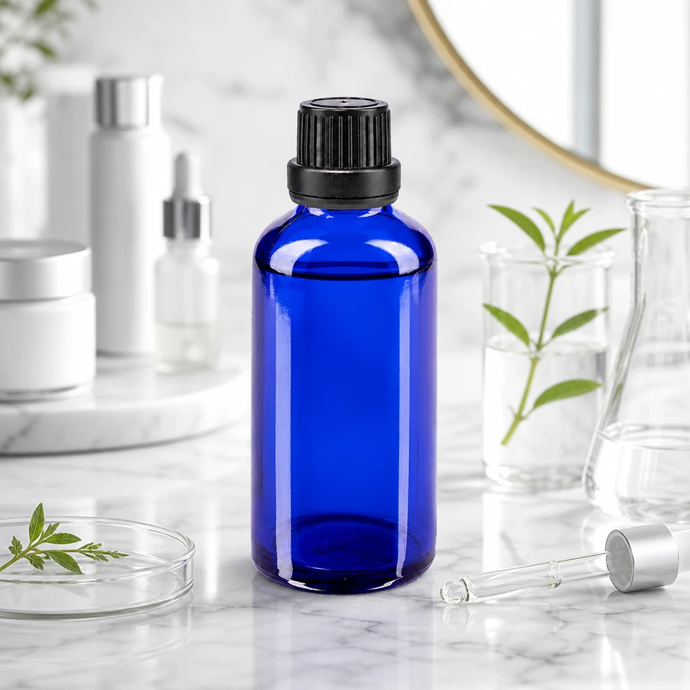 Bottiglia da farmacia blu da 50ml. SV OV nero/11mm ApoGlas Flacone di vetro blu da 50 ml con tappo nero su una superficie di marmo, accanto a una pipetta e a delle piante verdi