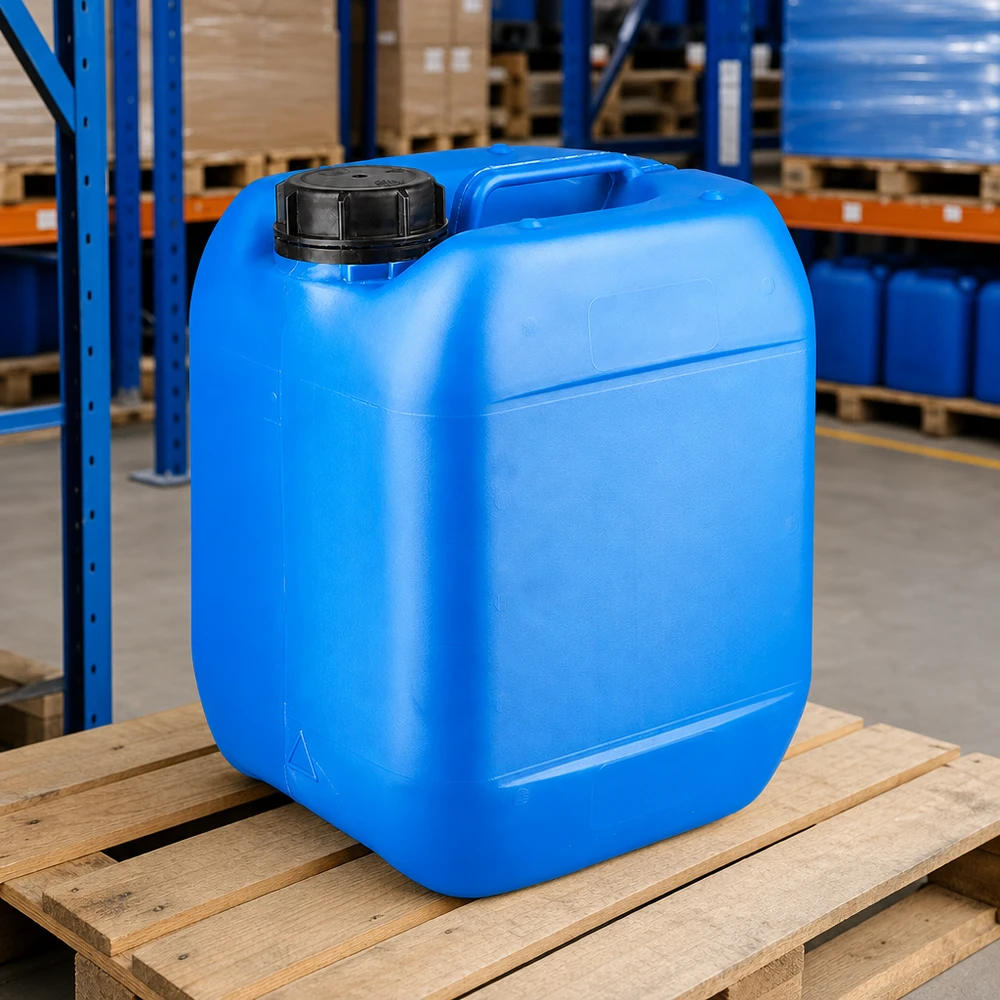 Tanica 5 litri blu con tappo a vite OV Piccolo contenitore blu da 5 litri con tappo OV e maniglia di trasporto, su pallet di legno in magazzino