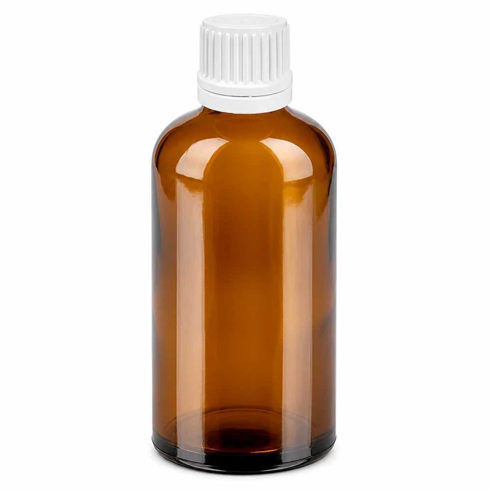 Flacone contagocce da 100 ml 0,7 mm bianco OV BrownLine UT18/100 Flacone rotondo in vetro ambrato da 100 ml con inserto contagocce per applicazioni di cosmetica e aromaterapia