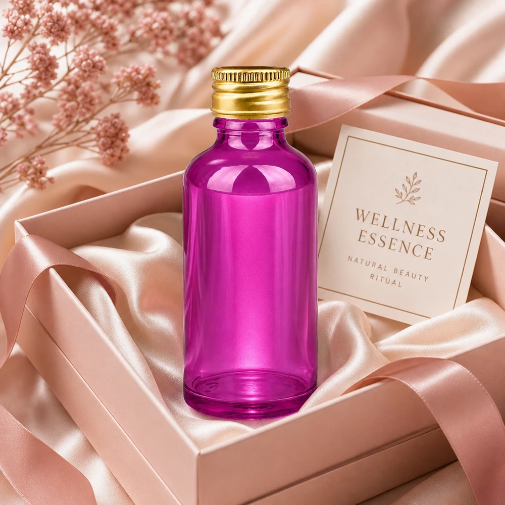 Flacone da 50ml tappo a vite 11mm alluminio oro standard PurpleLine. UT18/50 Pratico flacone viola da 50 ml per applicazioni wellness mobili con tappo a vite sicuro