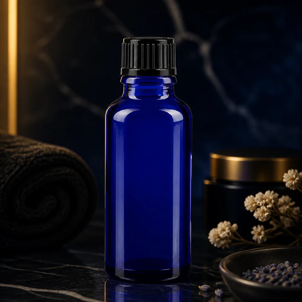 Flacone contagocce blu da 30 ml STD nero/1mm ApoGlas Flacone contagocce da 30 ml blu scuro con tappo a vite scanalato su sfondo di marmo nero con fiori secchi